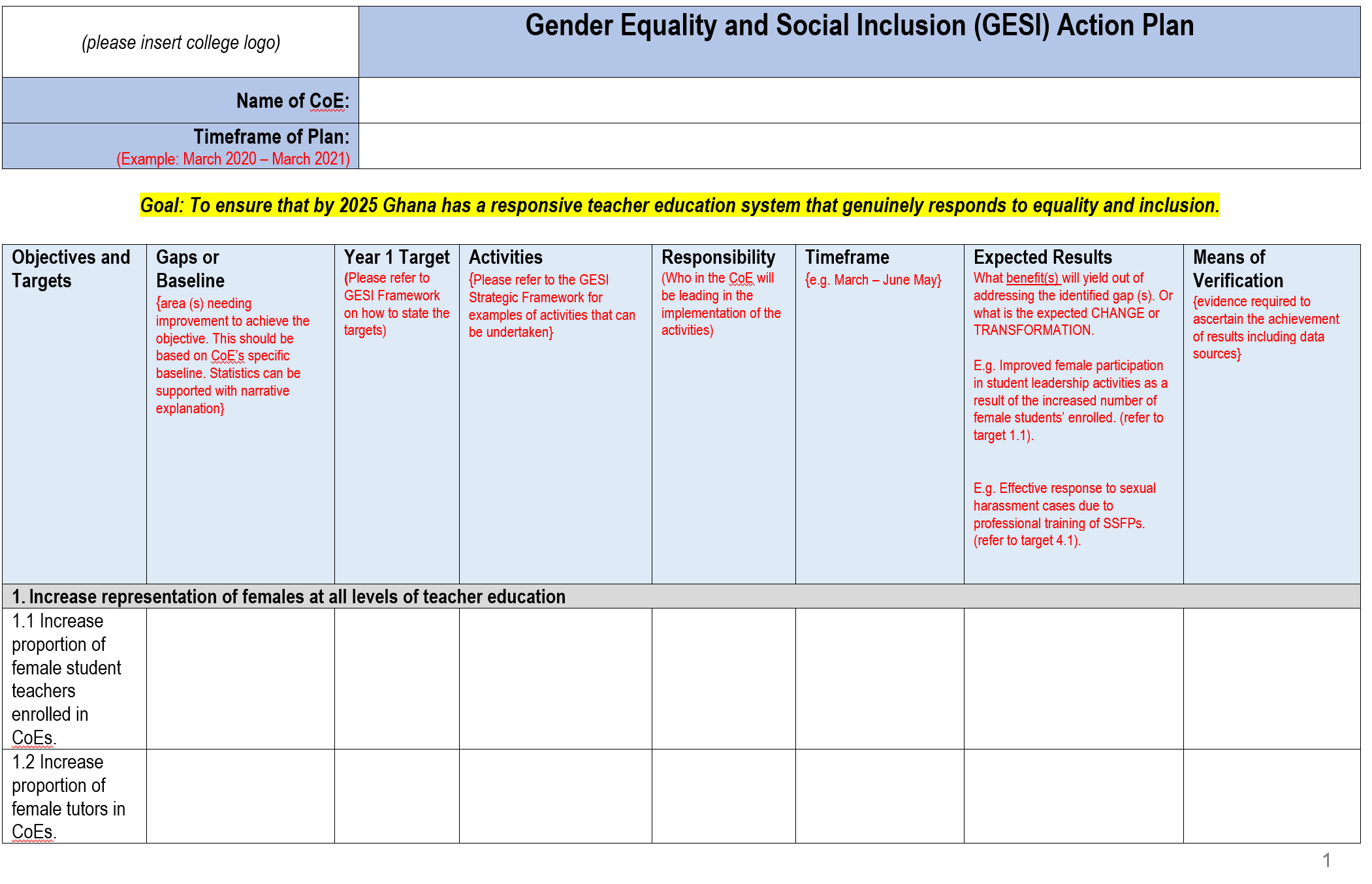 Colleges of Education GESI Strategic Action Plan Template Final