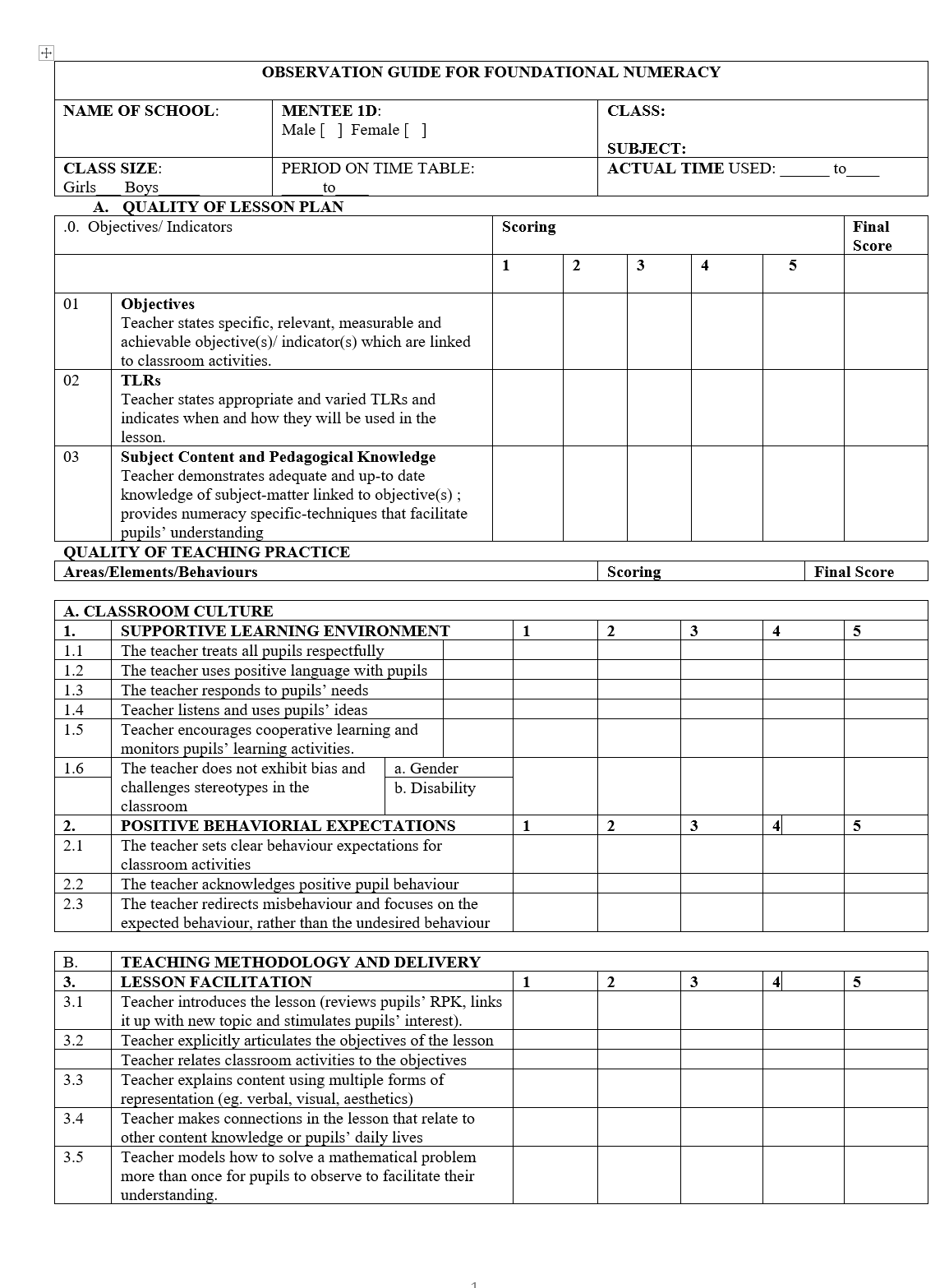Observation Sheet for Foundational Numeracy New