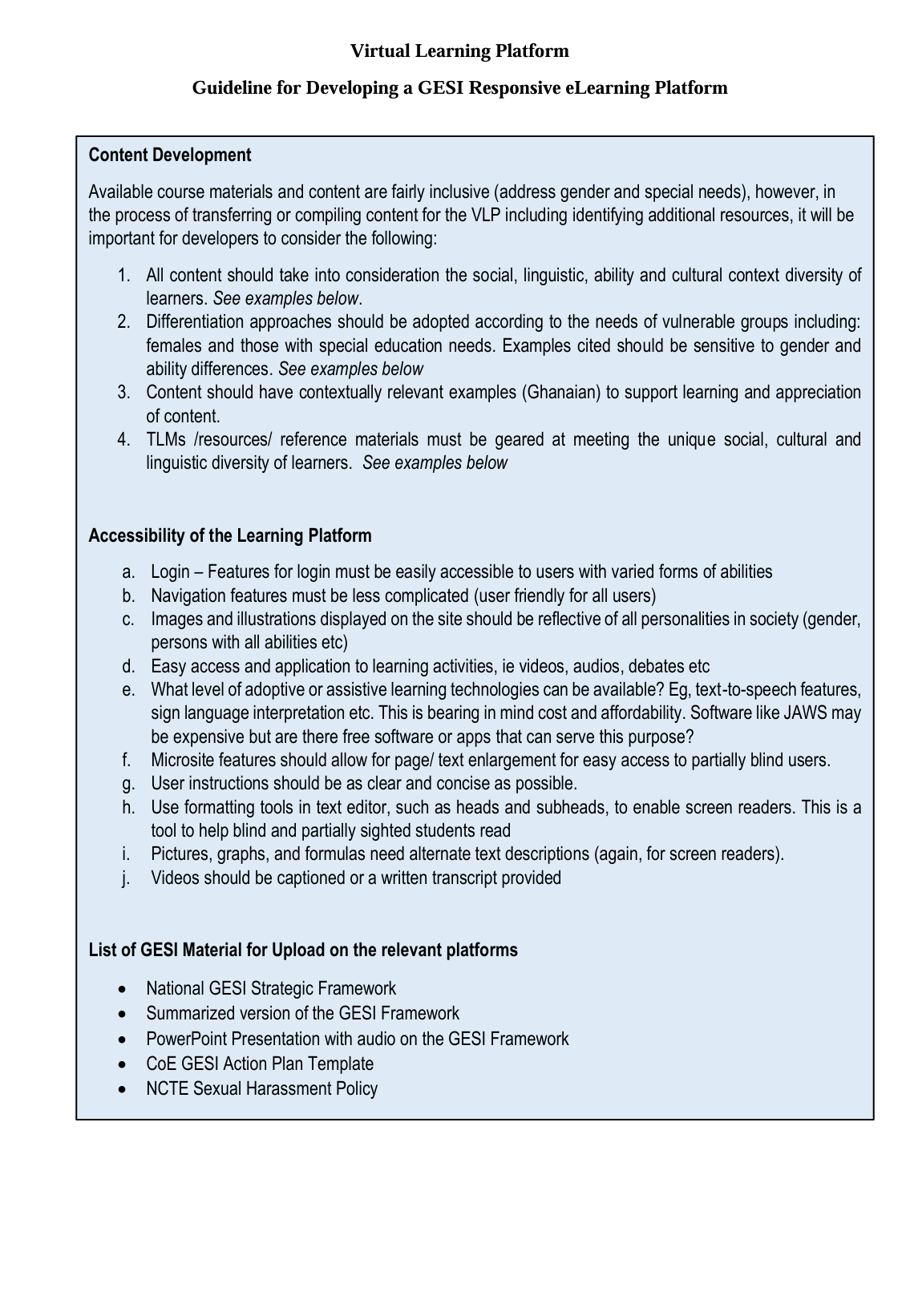 GESI Responsive Guidelines for Virtual Learning Platforms