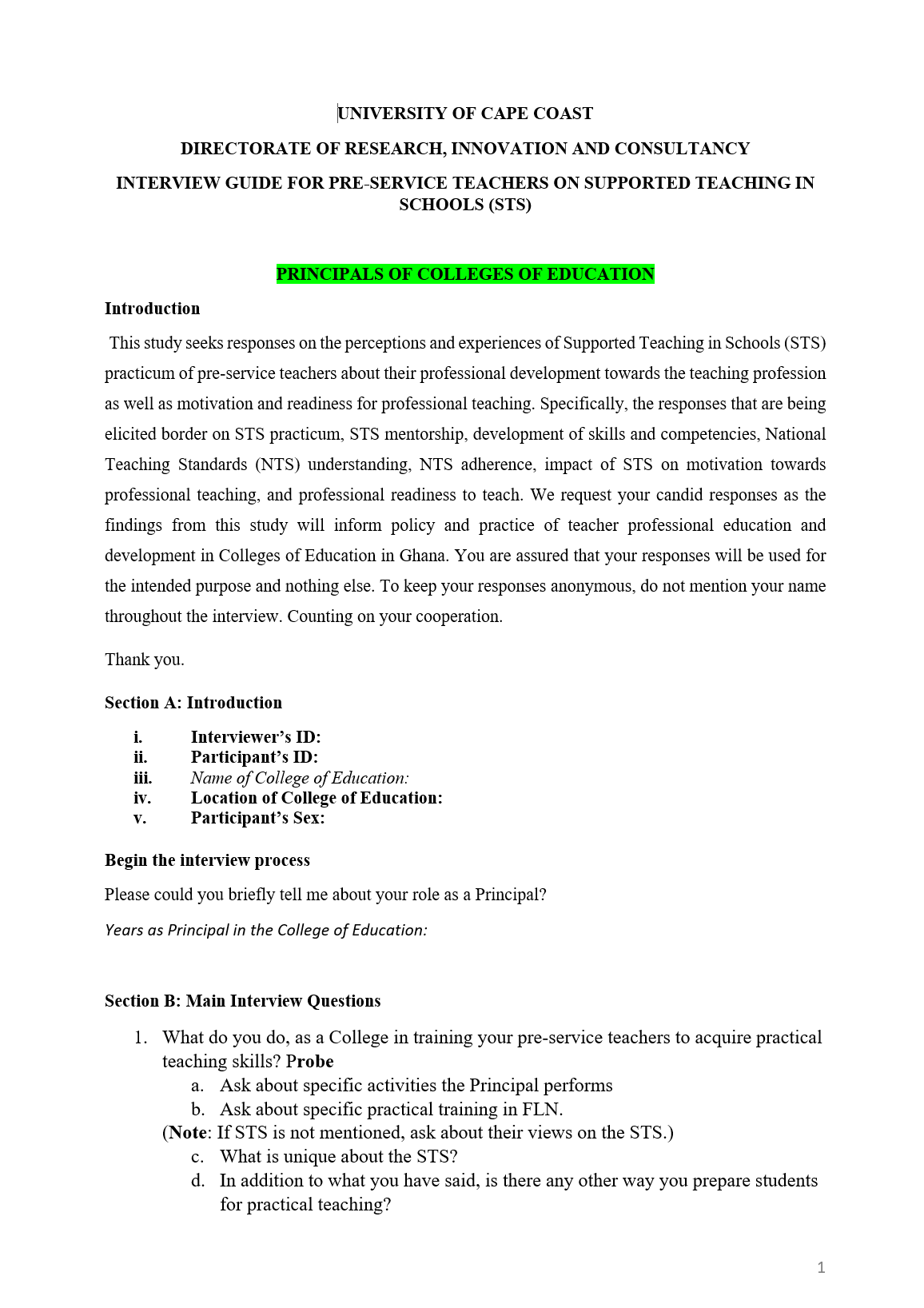 Interview Guide for Principals