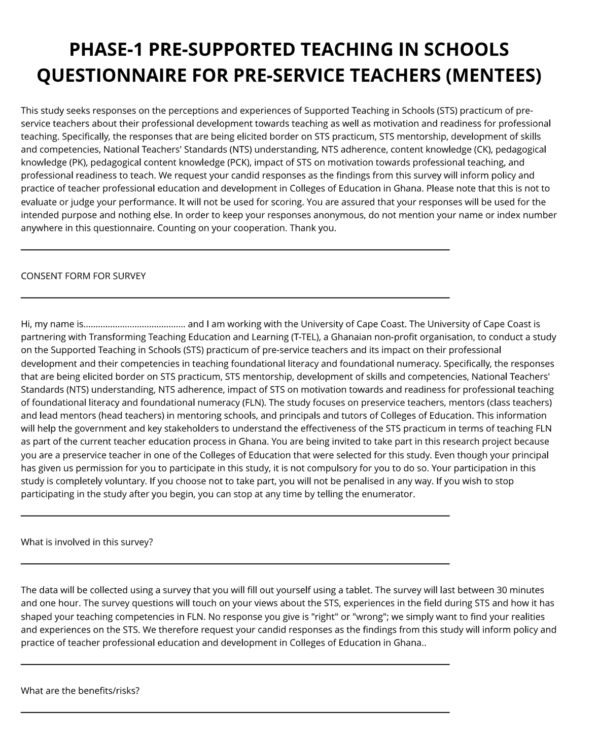 Phase 1 Pre-Supported Teaching in Schools Questionnaire for Pre-Service Teachers (Mentees)