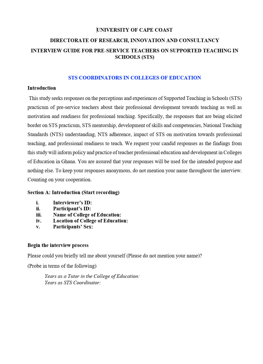 Interview Guide for STS Coordinator