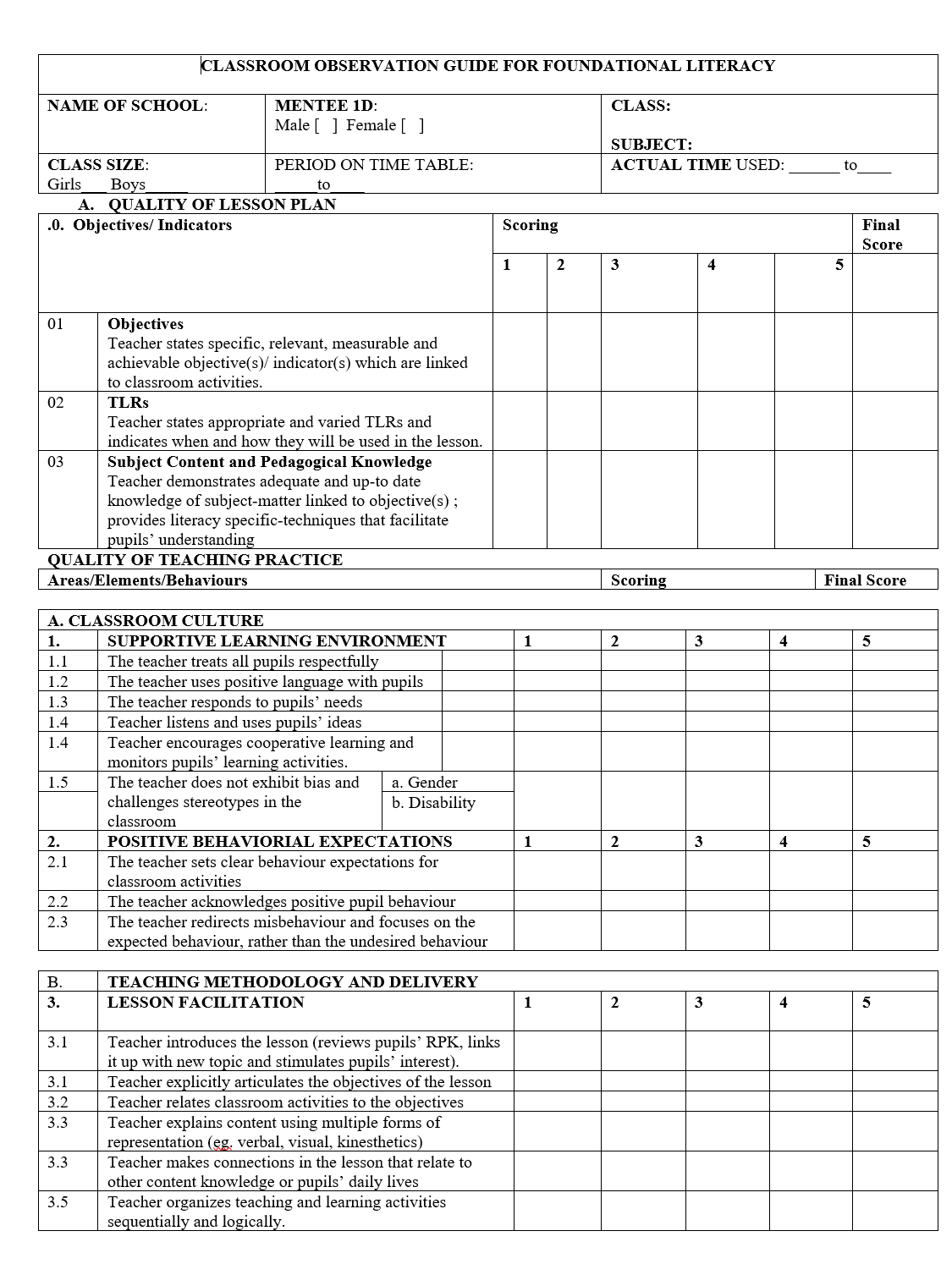 Observation Sheet for Foundational Literacy New